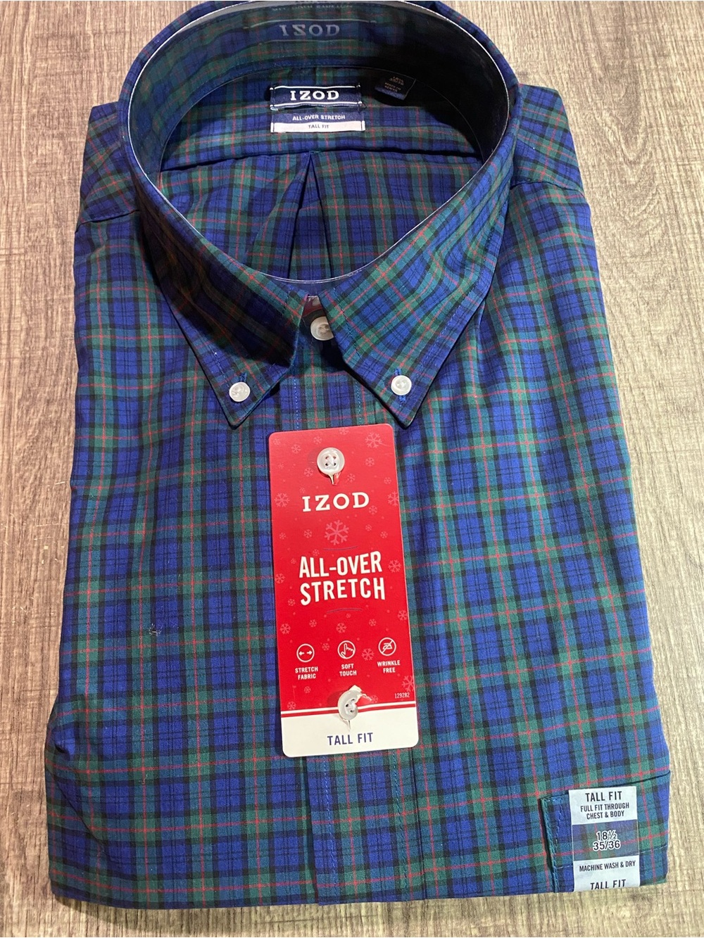 IZOD Men's Tall Fit Blue Green Plaid Button-Down Shirt 18 1/2 - 35-36